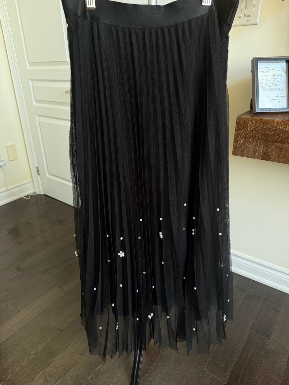 Eva Franco Black Pleated Tulle Midi Skirt with Pearl Accents